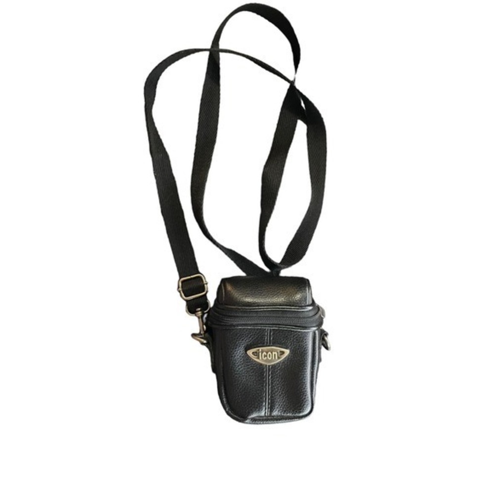 ICON Camera Case Black Faux Leather Shoulder Strap Belt Loop Lens Pocket